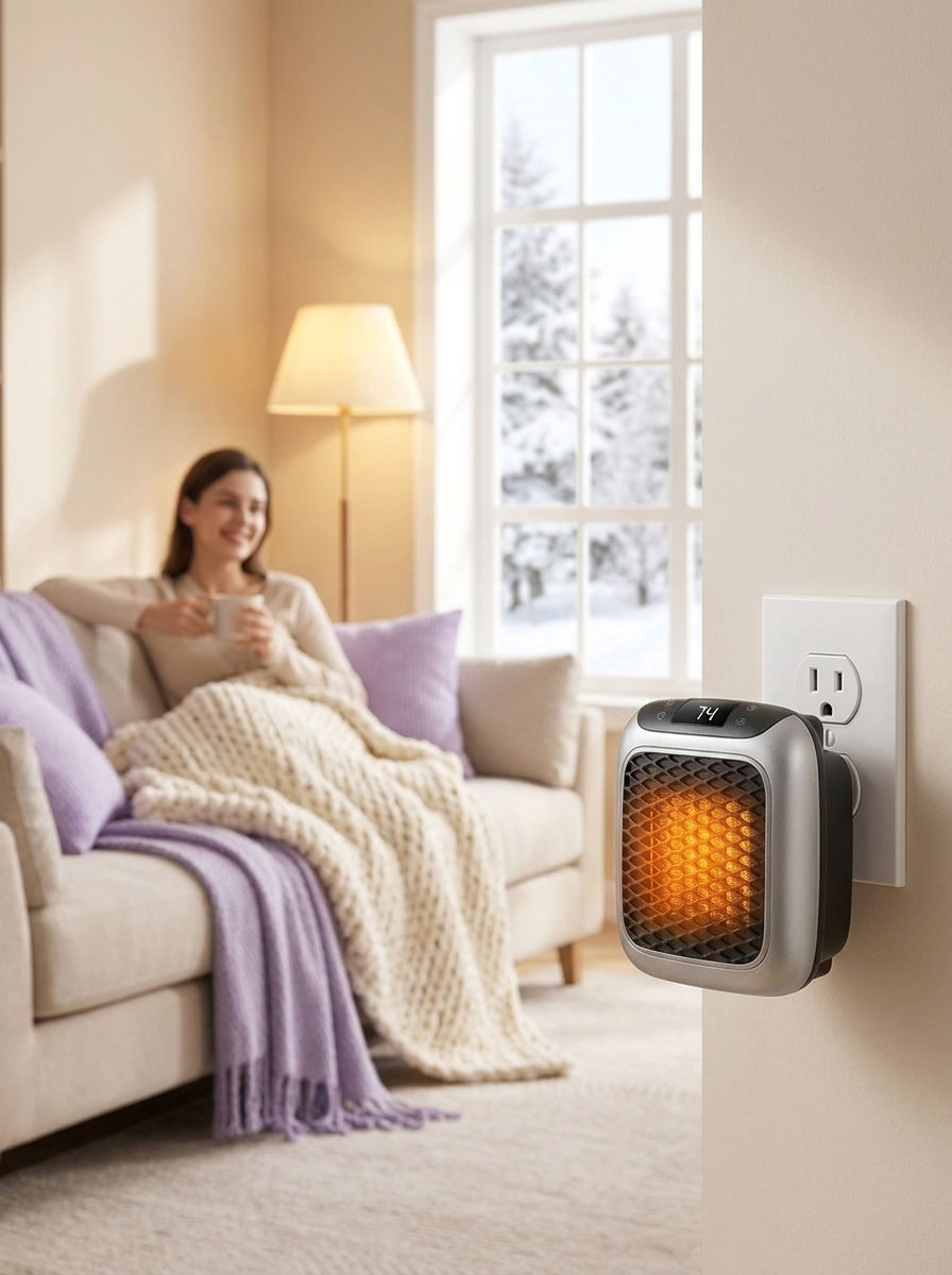 Calefactor plateado en living acogedor, mujer relajada